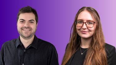Two smiling people, a man and woman, superimposed on a purple background