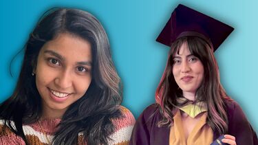 Two smiling women superimposed on a blue background