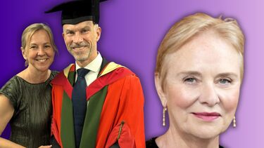 Two people edited next to each other on a purple background