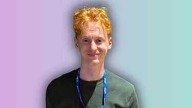 A smiling man superimposed on a purple background