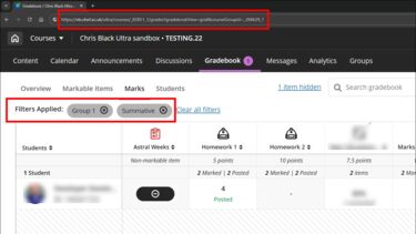 Blackboard course open in web browser. URL is highlighted in browser's address bar, and the Gradebook is displayed with filters applied.