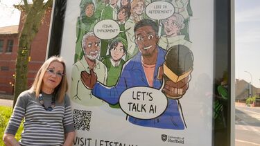 Margaret Colling, a retired Librarian, holding her phone up at a bus stop with the Let's Talk AI campaign webtoon in the background.