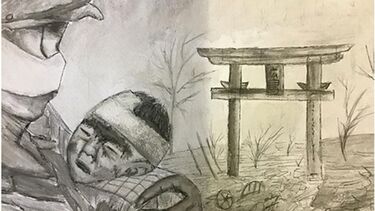 Charcoal drawing of a soldier holding a Vietnamese baby