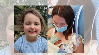A young girl smiling, and a separate photo of a woman holding a newborn with a breathing tube