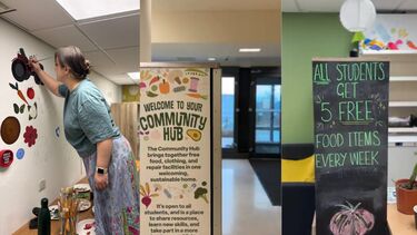 Three images of a woman painting, the entrance to the community hub, and a sign that says all students get 5 free food items each week