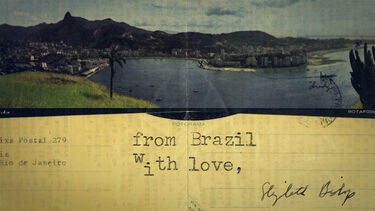 A postcard featuring a Brazilian beach, signed by Elizabeth Bishop