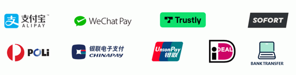 A collection of nine logos depicting the different payment options accepted by Convera: 'Alipay', 'WeChatPay', 'Trustly', 'Sofort', 'Poli', 'ChinaPay', 'UnionPay', 'iDeal' and 'Bank transfer'