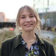 Irina smiling in the garden outside jessop west