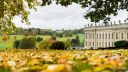 Image of Chatsworth House and grounds in Autumn, with trees and yellow leaves on the ground