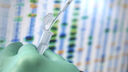 DNA Sciences, Scientist pipetting a sample into a vial ready for automated analysis in age lab with the DNA results on the screen - stock photo