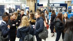Students waiting at Sheffield railway station to set off for City Connections
