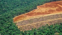An aerial photo of deforestation in the Amazon.