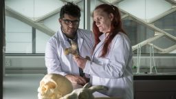 Two students in lab looking at a bone with skulls in background 