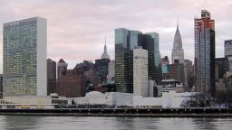 United Nations Headquarters in New York City, view from Roosevelt Island. 