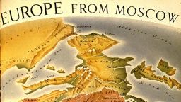 A map depicting Europe with a rotated orientation, captioned "Europe from Moscow". 