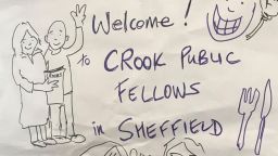 A drawing saying 'welcome Crook Public Fellows in Sheffield'