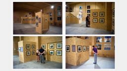 Four images of the Imagine Hillfields exhibition being viewed