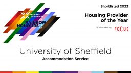 A poster stating that Accommodation Services has been nominated for Housing Provider of the Year award for our LGBT+ accommodation