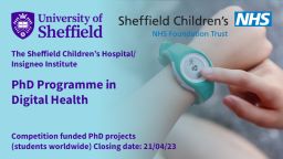 Image graphic: The Sheffield Children’s Hospital/Insigneo Institute PhD Programme in Digital Health. Background image: finger pointing to a child's arm wearing a green smartwatch