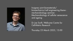 Insigneo joint biomaterials/ biomechanics/cell engineering theme - mechanobiology seminar: Mechanobiology of cellular senescence and ageing, Dr Joe Swift, Wellcome Centre for Cell-Matrix Research  Thursday 23 March 2023, 13:00