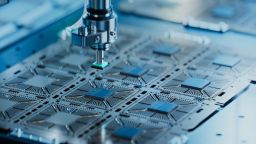 A close up of semiconductors during the manufacturing process