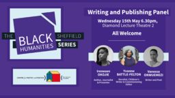 Graphic with the text 'Writing and Publishing Panel' and photos of the panellists 