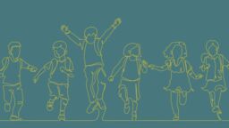 Outline drawing of children running and playing