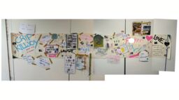 A wall of cuttings, drawings and scrawlings capturing some of the ambitions iHuman researchers have for Critical Disability Studies including slogans such as 'Love', 'Crip Killjoy', 'Work with bodies, desires and feelings', 'Difference, disagreement and conflict', 'remaking a different university differently'