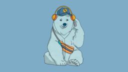 An illustration of a blue polar bear, wearing a baseball cap and a pair of headphones
