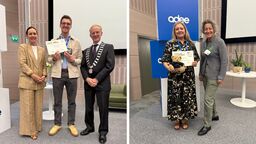 Two photos, one showing three people smiling at the camera, holding an award, the right photo has two people smiling, with the person on the left holding an award.