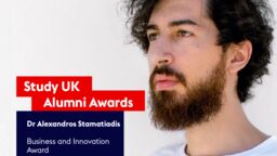 Graphic showing Alex Stamatiadis, UK Alumni Award winner